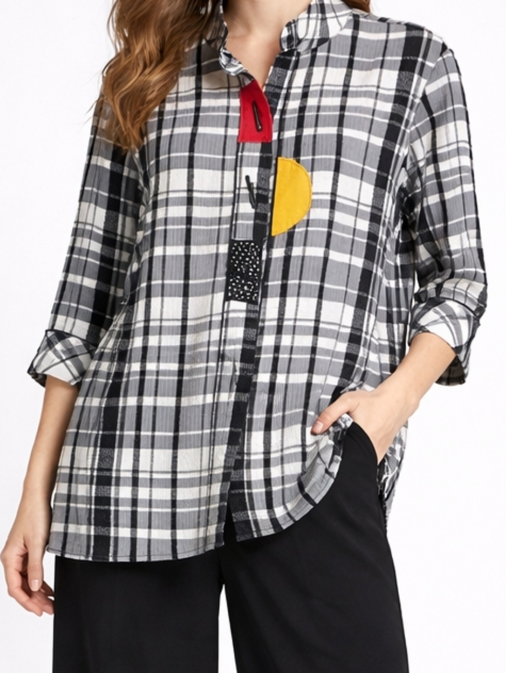 Ali Miles Black White Plaid Button Down Appliqued Patches Pockets Shirt PM Artsy